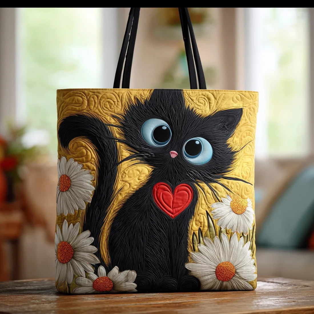 Borsa Artigianale Gatto Nero Margherite