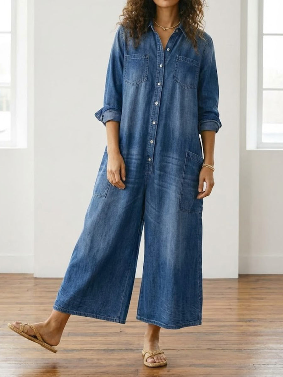 Diana | Vintage jumpsuit in denim cotone morbido lavato con bottoni